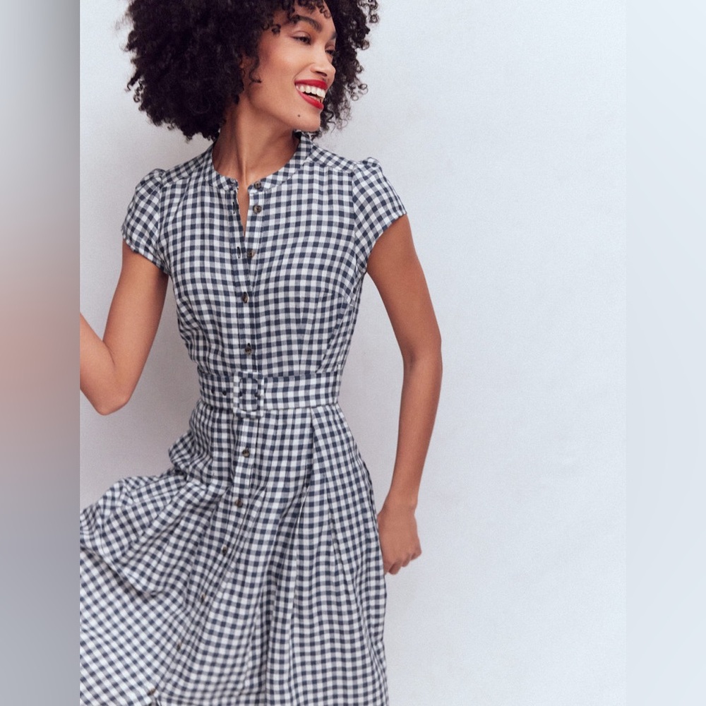NWT Boden Arabella Linen Blend Dress in Navy Gingham - Picture 3 of 12